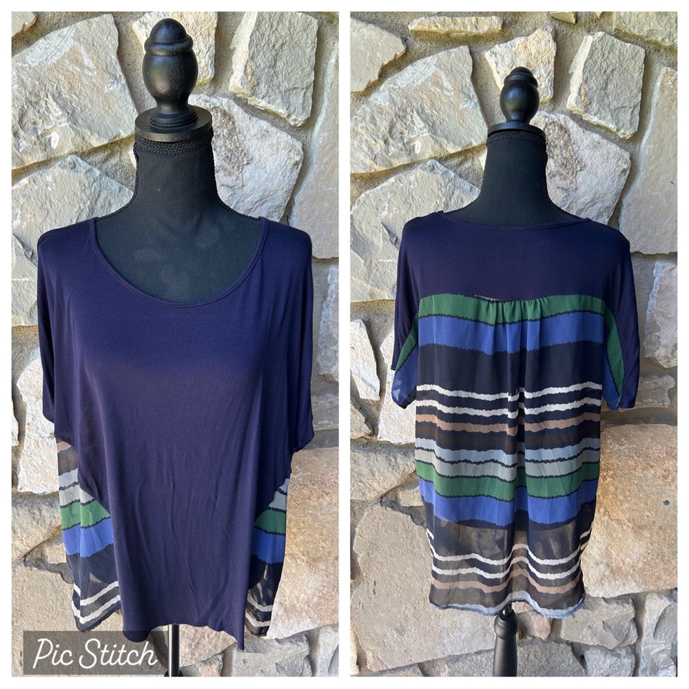 Bobeau Tunic Top Medium Navy Blue Knit Striped Chiffon Hi Lo Hem Excellent